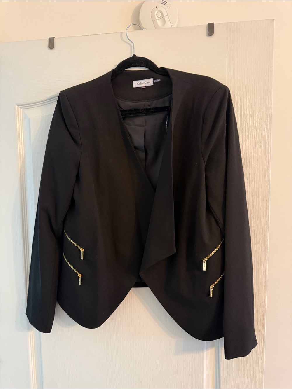 Calvin Klein Black Open-Front Blazer with Gold Zipper Accents